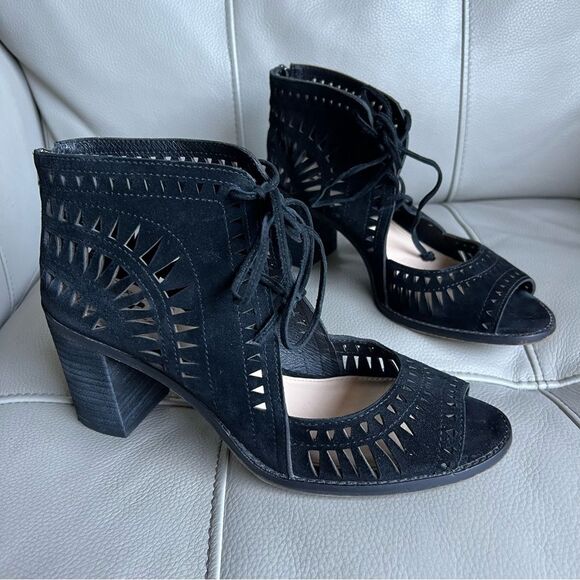 Vince Camuto Women’s Sandals Sz 9 M Tarita Cutout Lace-Up Black Suede Block Heel - Picture 12 of 12